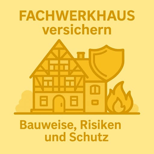 Illustration eines Fachwerkhauses mit Risikosymbolen zu Feuer und allgemeinem Schutz.