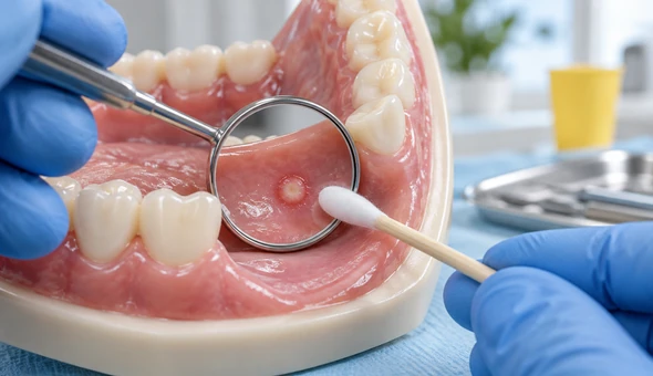 Onderzoek van een aft op een anatomisch mondmodel