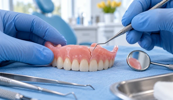 Gebroken kunstgebit dat wordt gecontroleerd voor reparatie