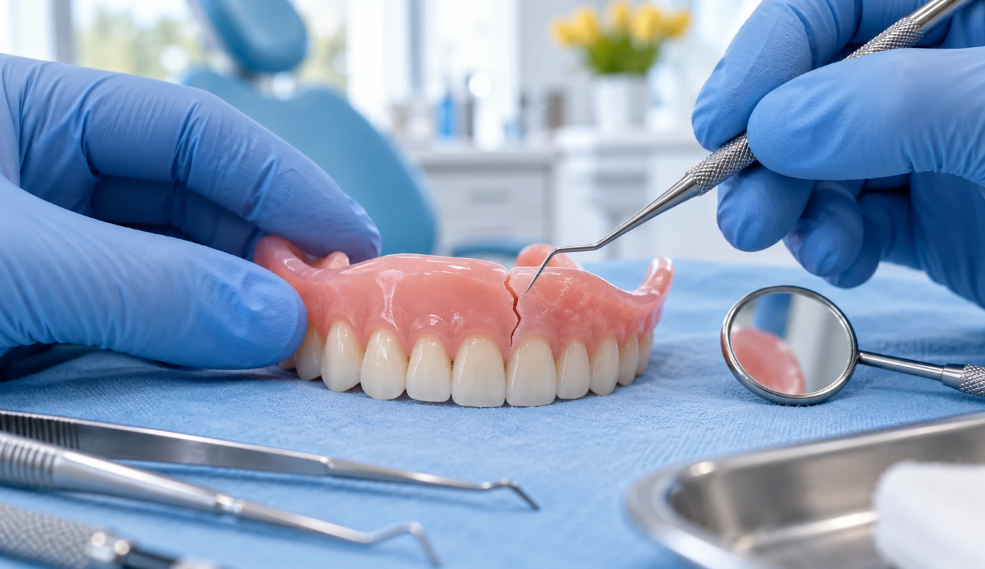 Gebroken kunstgebit dat wordt gecontroleerd voor reparatie