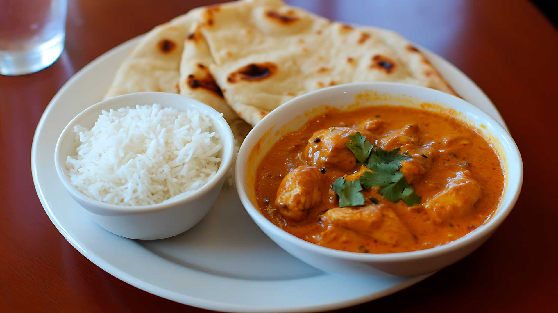 A bowl of chicken tikka masala with tender chicken pieces in a rich, spiced tomato sauce, garnished with cilantro.