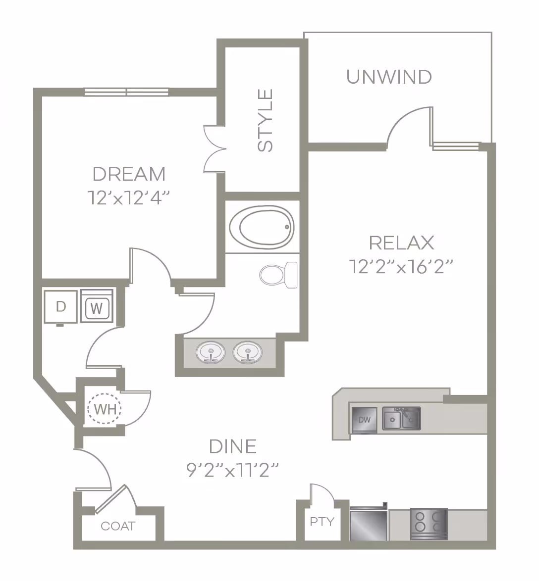 1 Bed, 1 Bath Deluxe layout