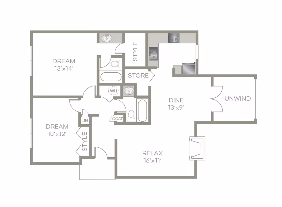 2 Bed, 2 Bath Phase 1 layout