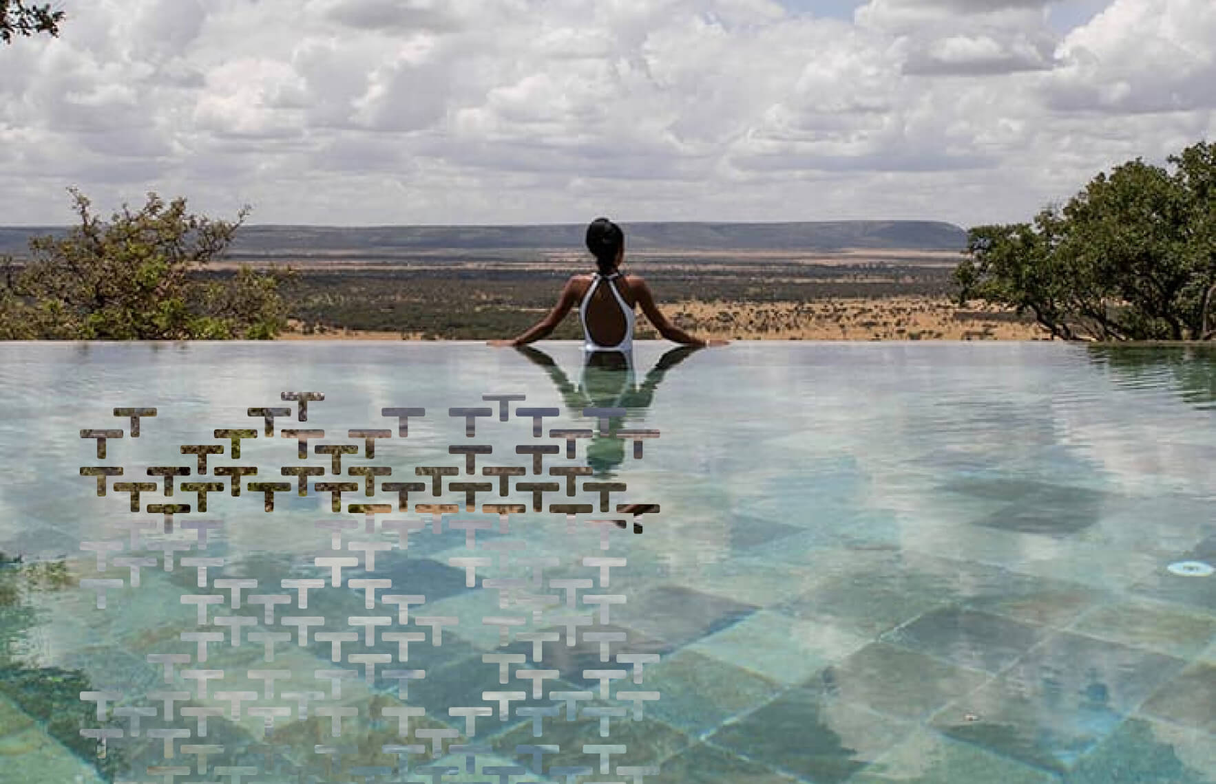 Person in a luxurious swimming pool overlooking a savannah