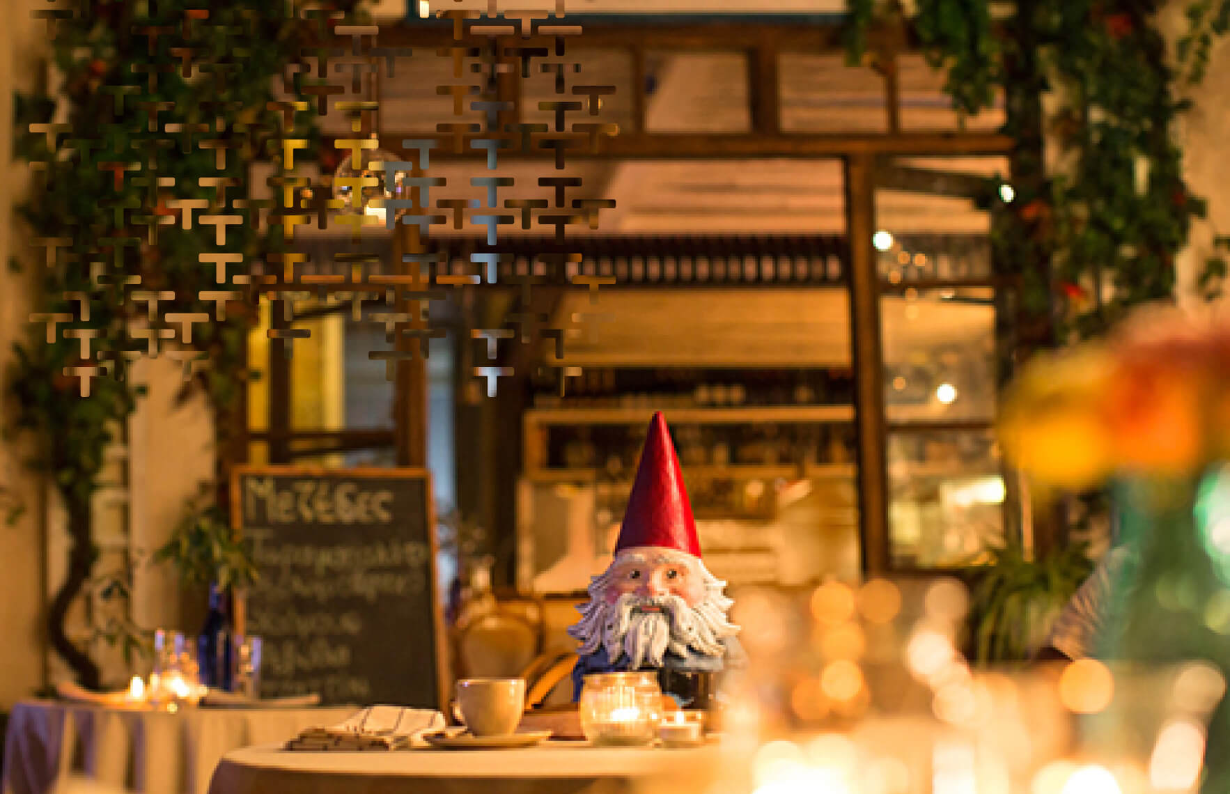 Garden gnome in a restaurant