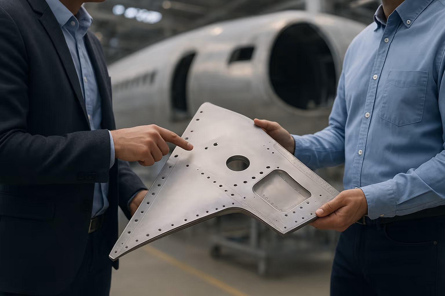 Close-up of engineers' hands inspecting a precision metal aerospace part, highlighting Heggemann's focus on customer success first