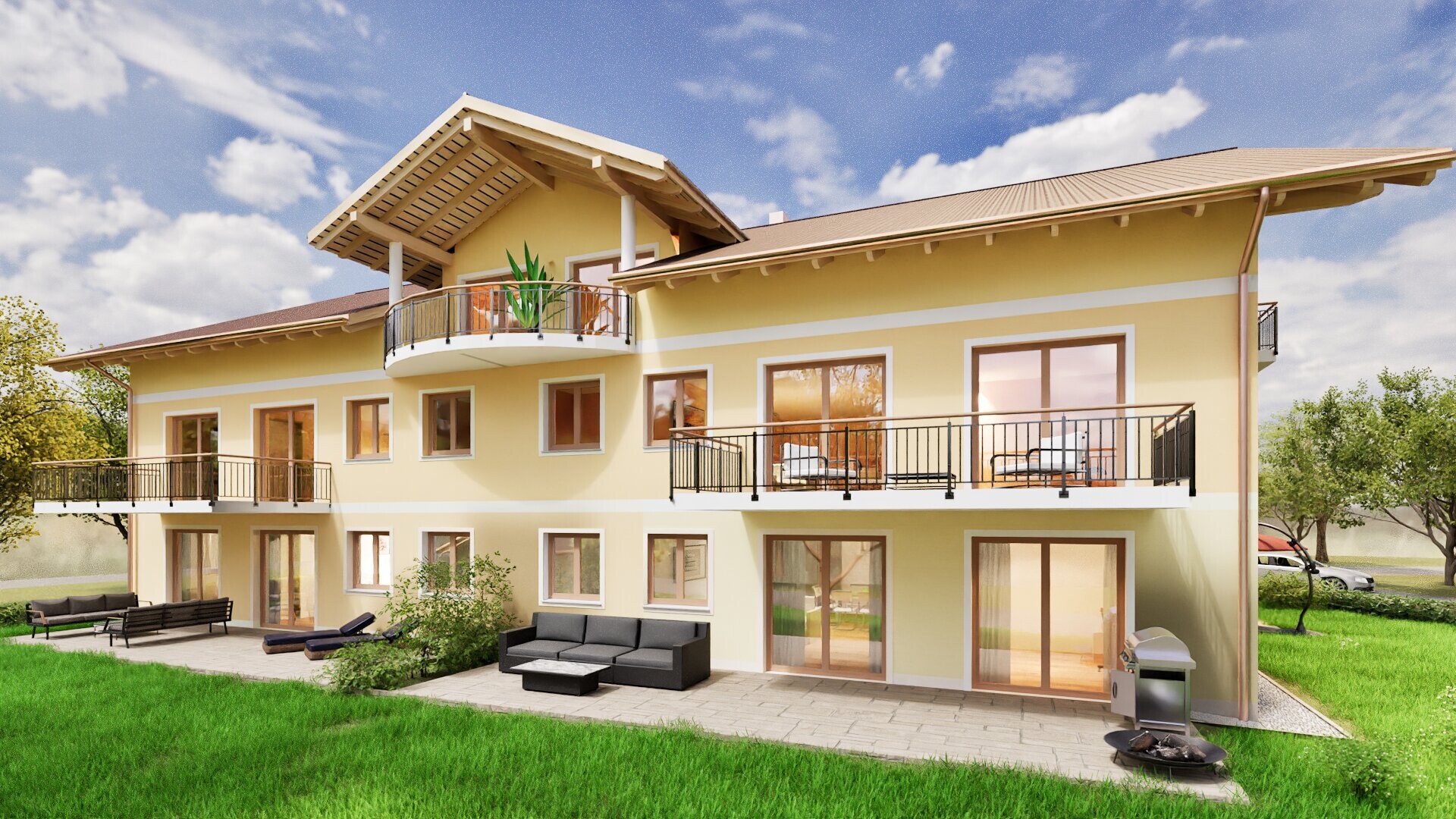 Modernes Mehrfamilienhaus in alpenländischem Stil mit Holzverkleidung, großzügigen Balkonen, bodentiefen Fenstern, gepflegter Grünanlage und Bergblick – exklusive Eigentumswohnungen in sonniger Premiumlage.