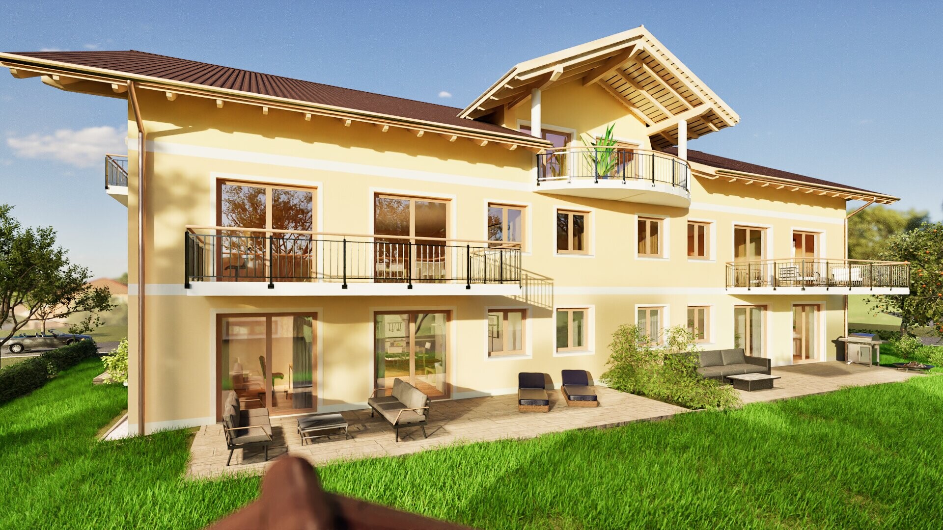 Neubau-Mehrfamilienhaus mit Terrassen und Balkonen – barrierefreie 3-Zimmer-Wohnung im Erdgeschoss in Schonstett