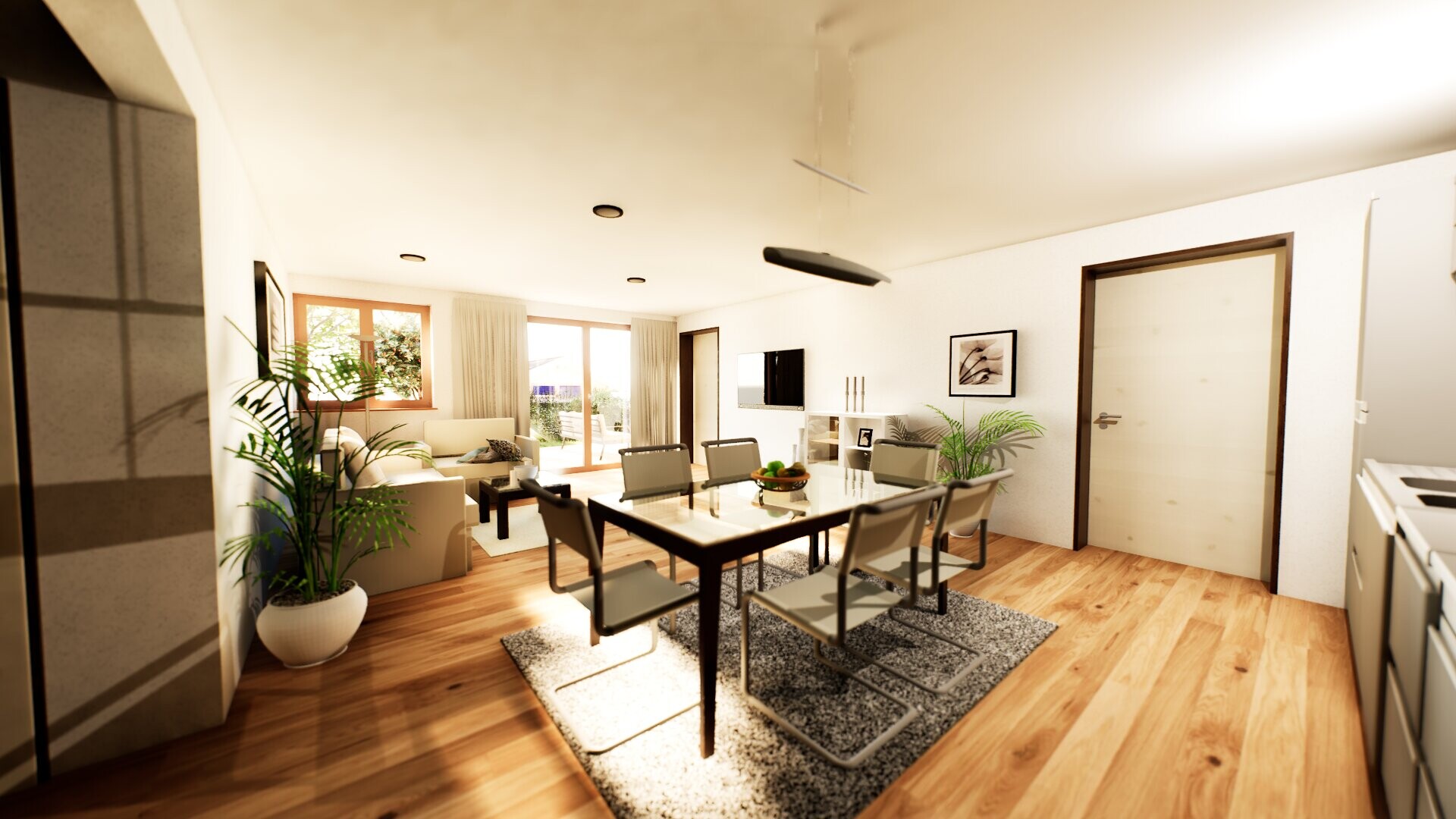 Moderner Wohnbereich mit offener Küche und Parkettboden – Neubau-Eigentumswohnung in Schonstett bei Wasserburg