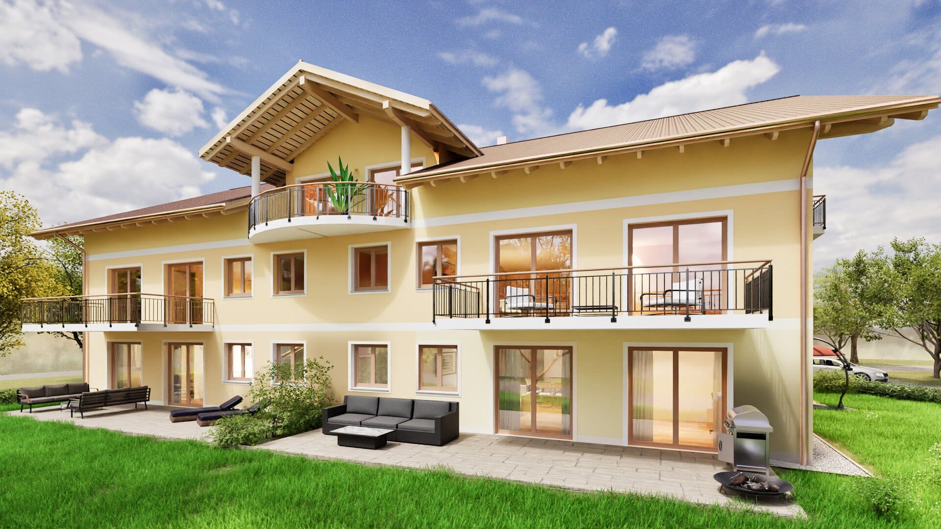 Exklusive Mehrfamilienhaus-Anlage in alpenländischer Architektur mit Holzverkleidung, großzügigen Balkonen, bodentiefen Fenstern, gepflegter Grünanlage und Bergblick – moderne Eigentumswohnungen in sonniger Premiumlage.