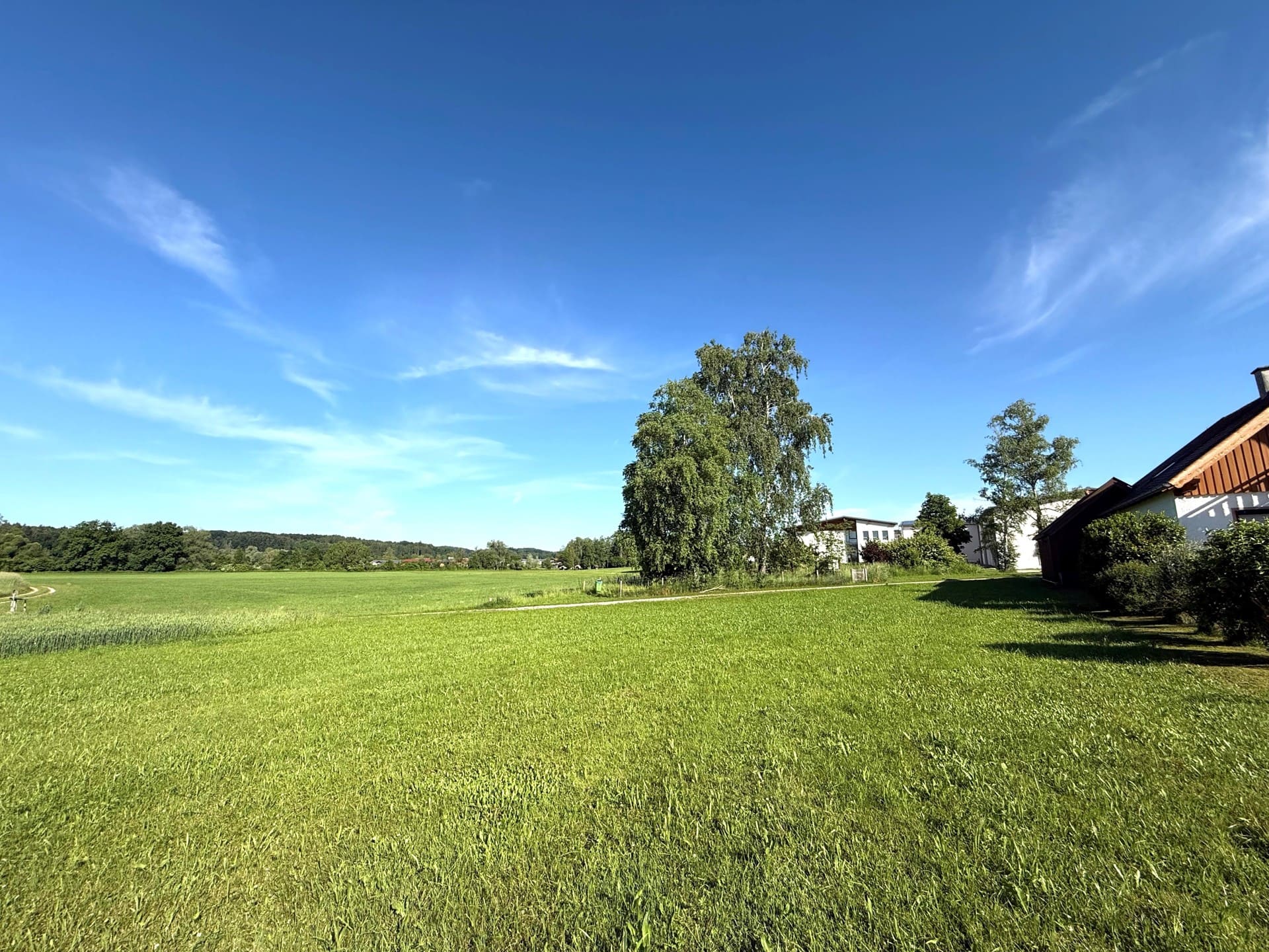 Grünes Baugrundstück in Petting mit freiem Blick auf Landschaft und Bauernhaus am Rand des Grundstücks