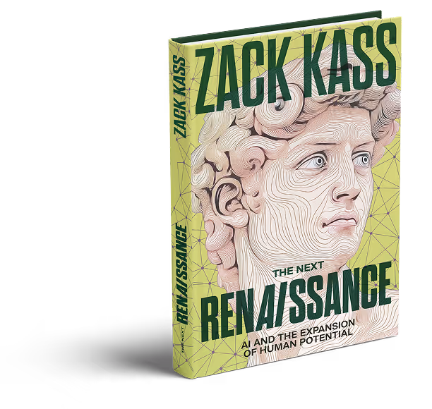 Book cover titled 'The Next Renaissance: AI and the Expansion of Human Potential' by Zack Kass, featuring a stylized line-art depiction of a classical statue's head.