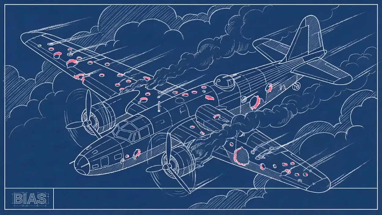 Blueprint-style illustration of a World War II bomber plane with visible bullet holes and black smoke coming from damaged engines.