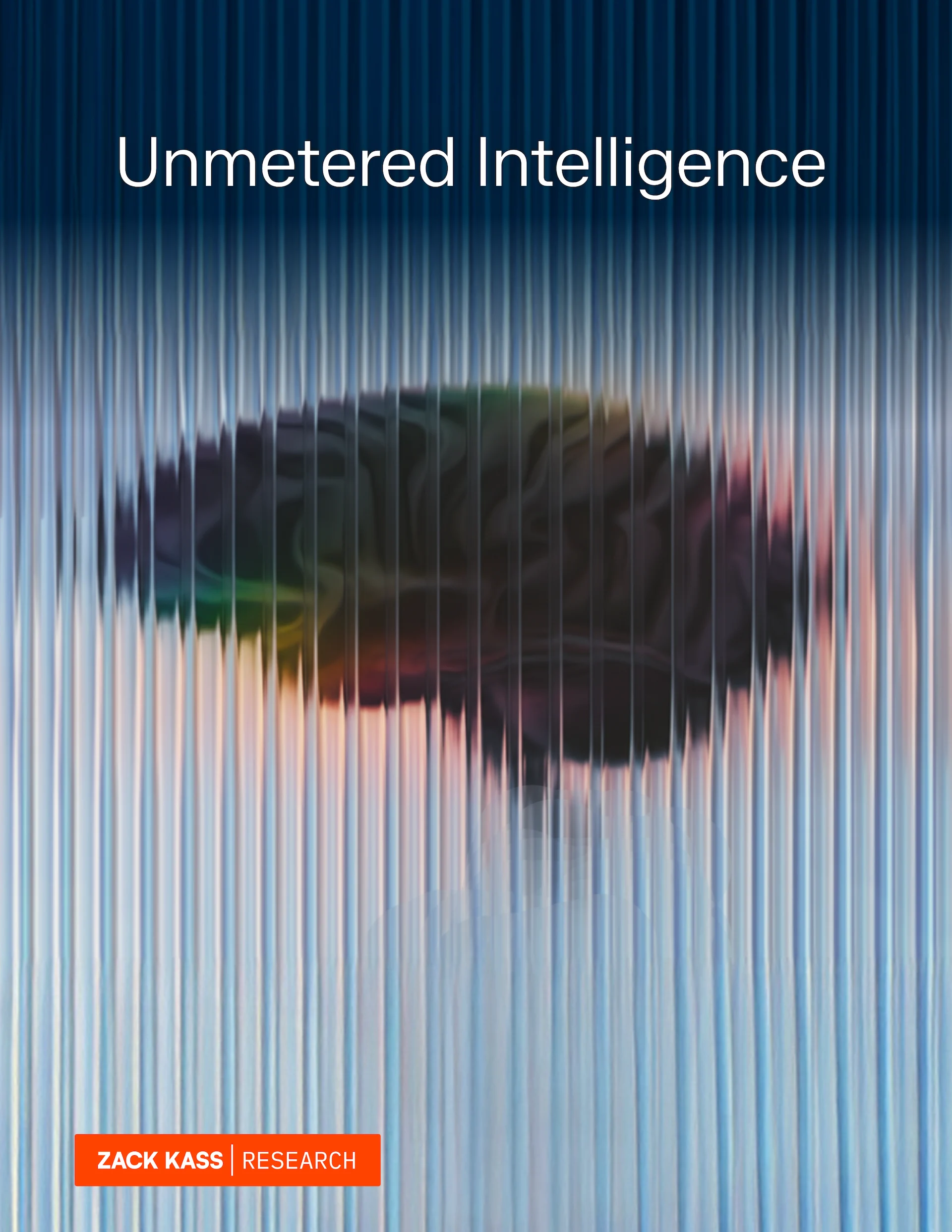 Abstract image of a brain obscured by vertical blue and white stripes, with the text 'Unmetered Intelligence' and a red label reading 'Zack Kass Research.'