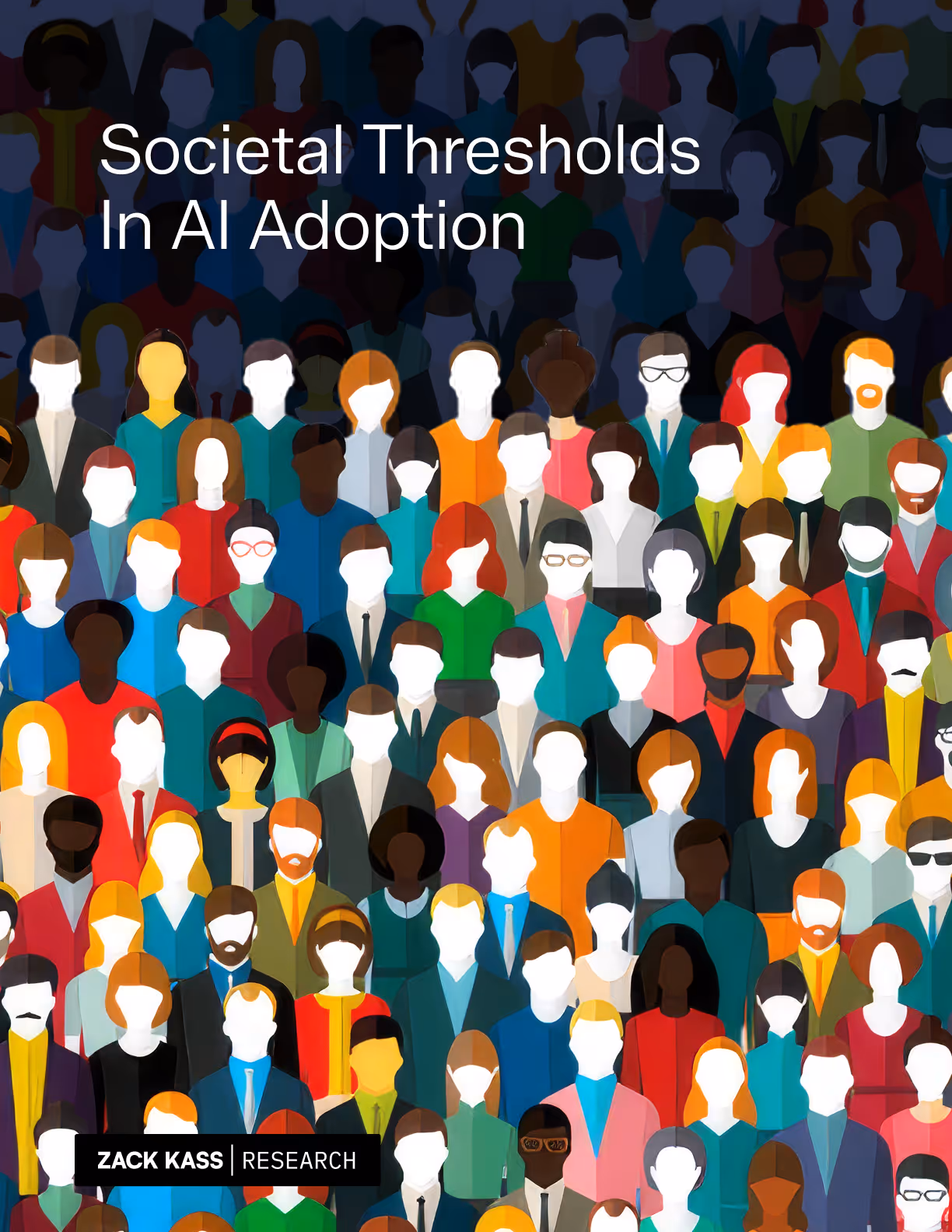 Illustration of a diverse crowd of faceless people with text reading 'Societal Thresholds In AI Adoption' and author name Zack Kass.