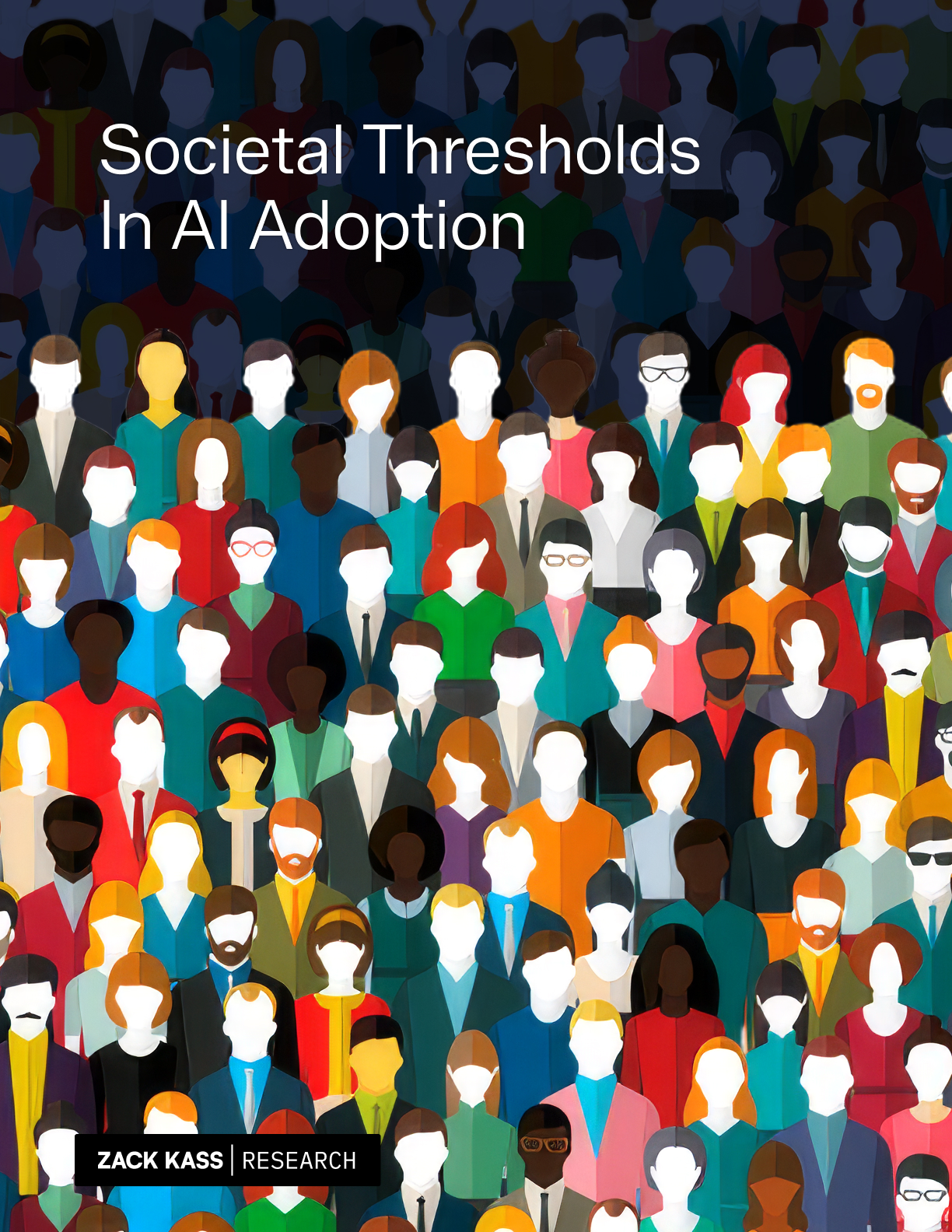 Illustration of a diverse crowd of faceless people with text reading 'Societal Thresholds In AI Adoption' and author name Zack Kass.