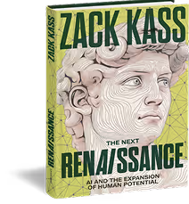 Book cover titled The Next Renaissance by Zack Kass with a stylized illustration of a classical male bust surrounded by geometric lines.