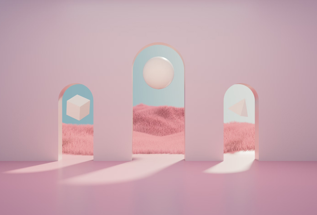 A group of three archways sitting on top of a pink floor.