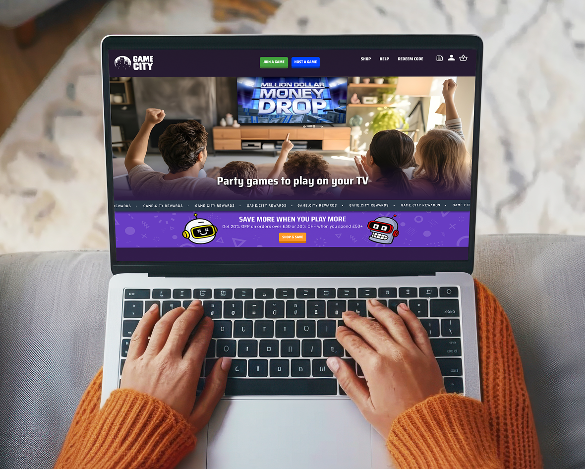 Game.City current website homepage promoting party games to play on TV