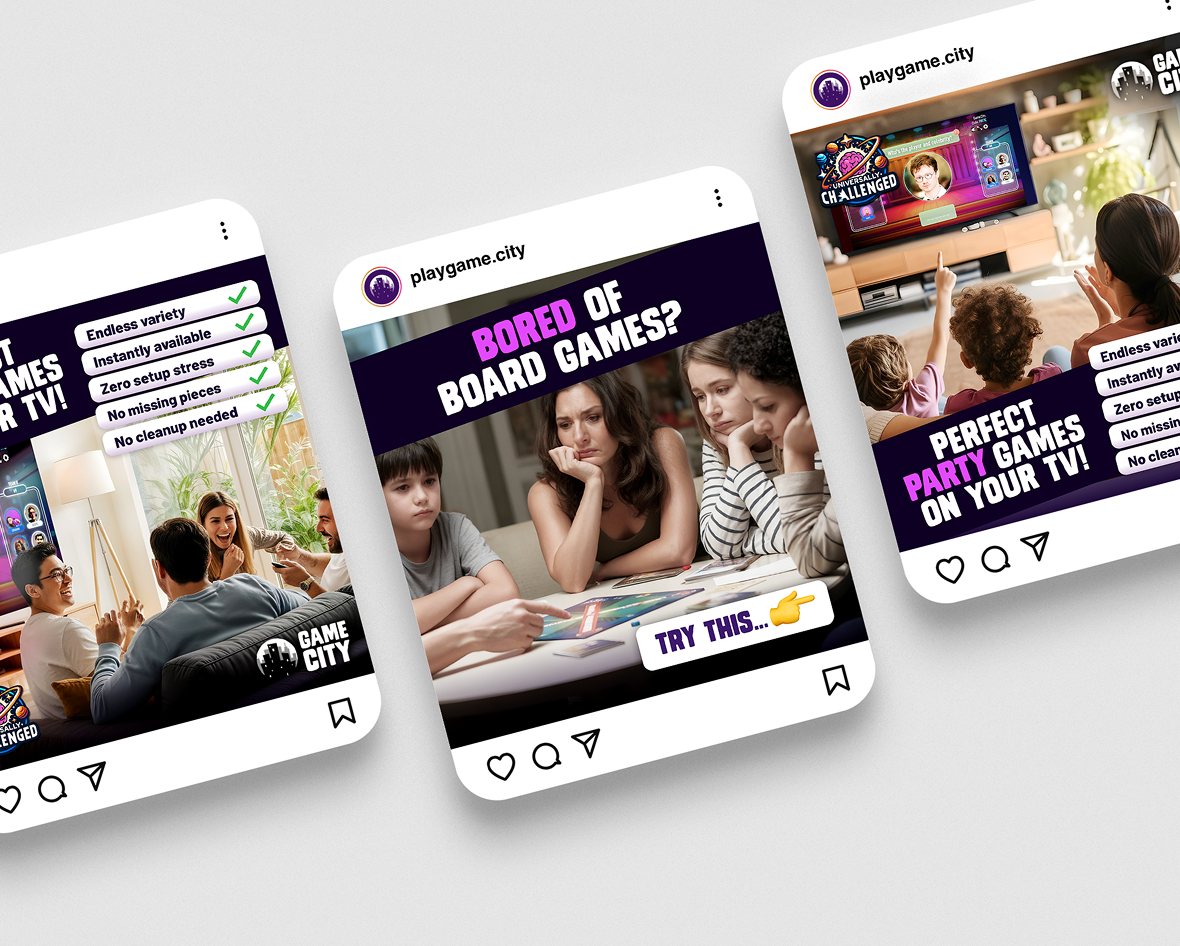 Game.City social media designs promoting TV party games