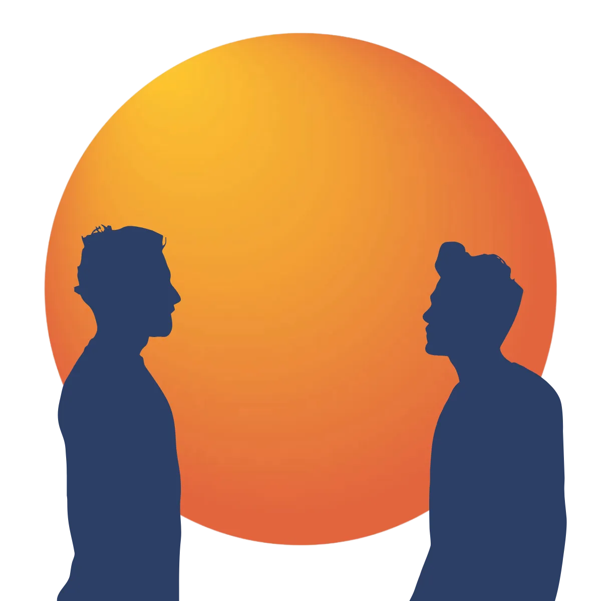 Silhouettes of two men facing each other against a large orange sun.