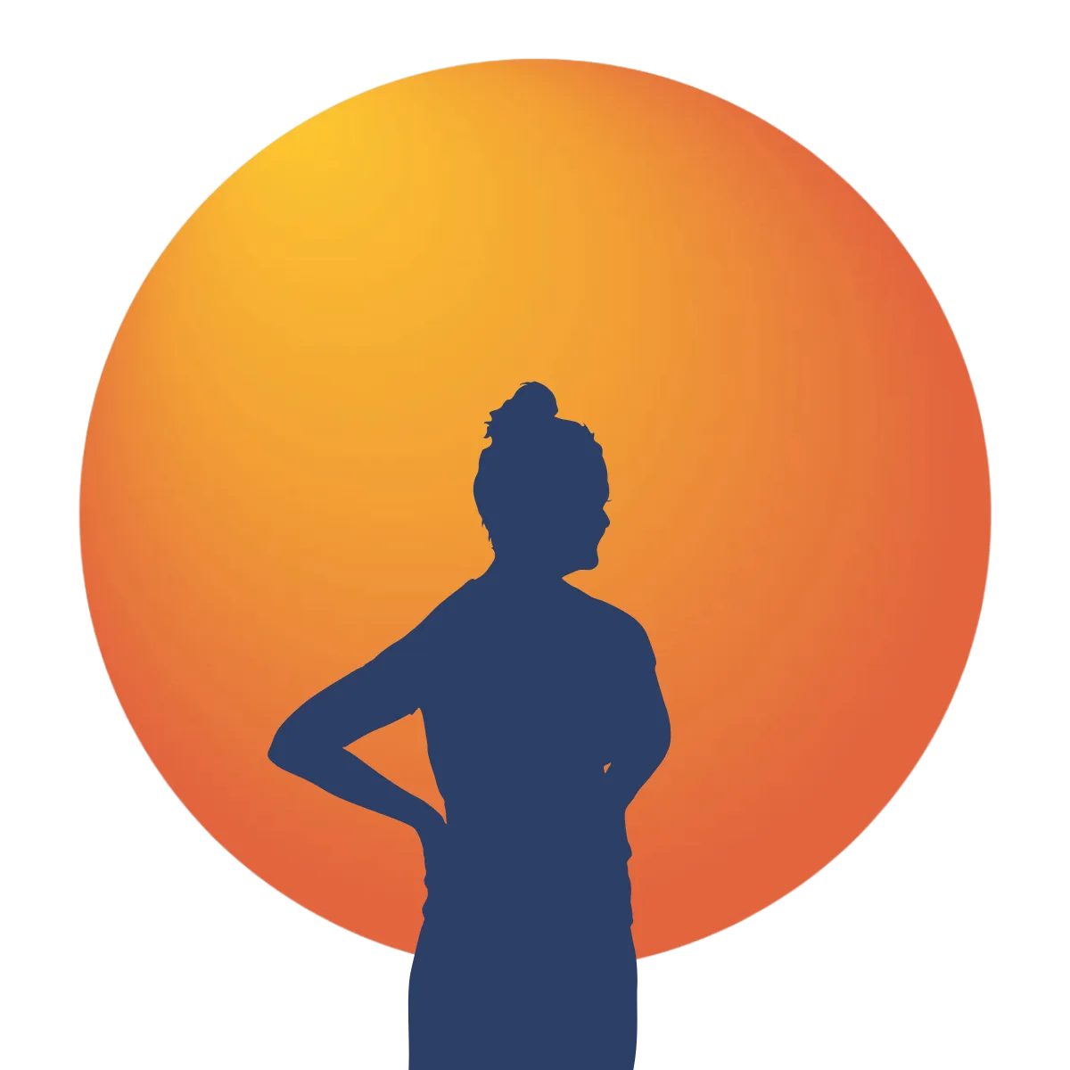 Silhouette of a woman with a bun hairstyle standing with hands on hips against a large yellow-orange circular background.