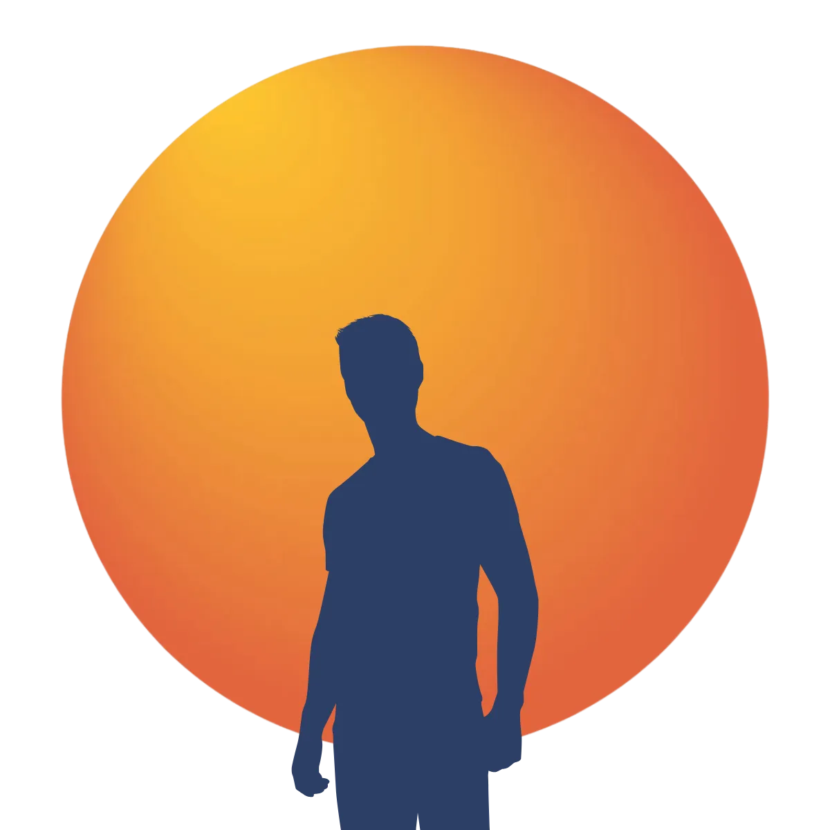 Silhouette of a man standing in front of a large orange gradient circle background.