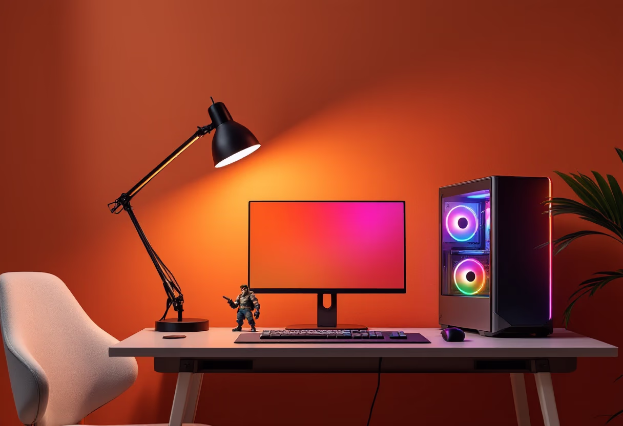 image of desk setup with computer (for a game development company)