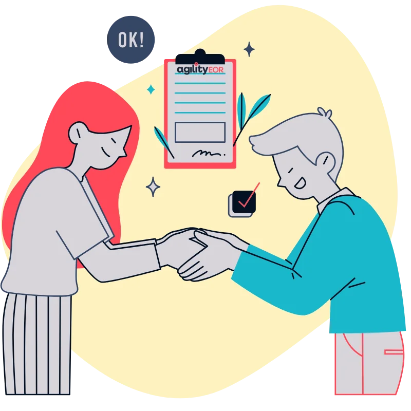 A cute illustration of a man and a lady greeting each other with a handshake.