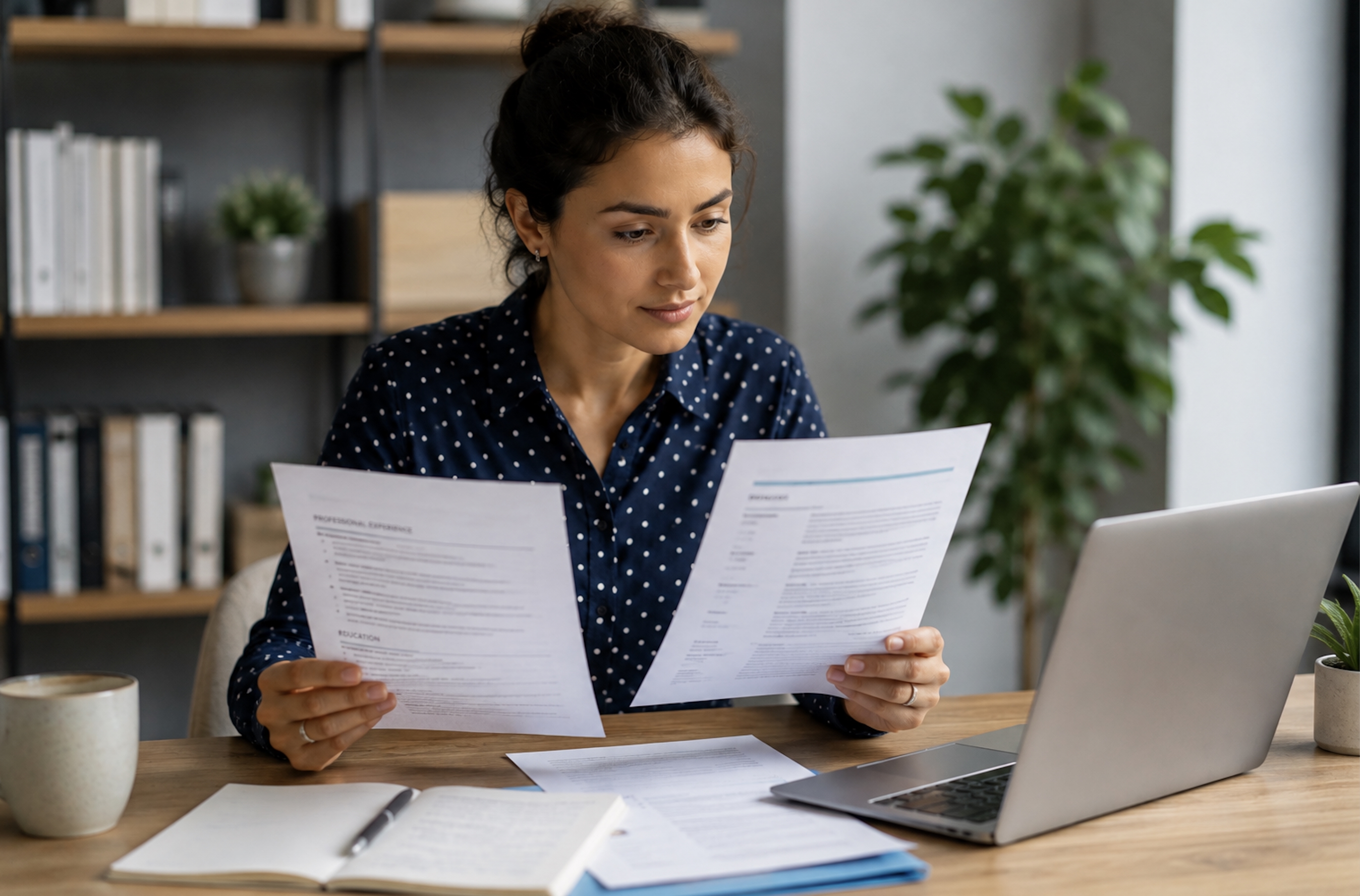 Hiring manager reviewing CVs at a desk