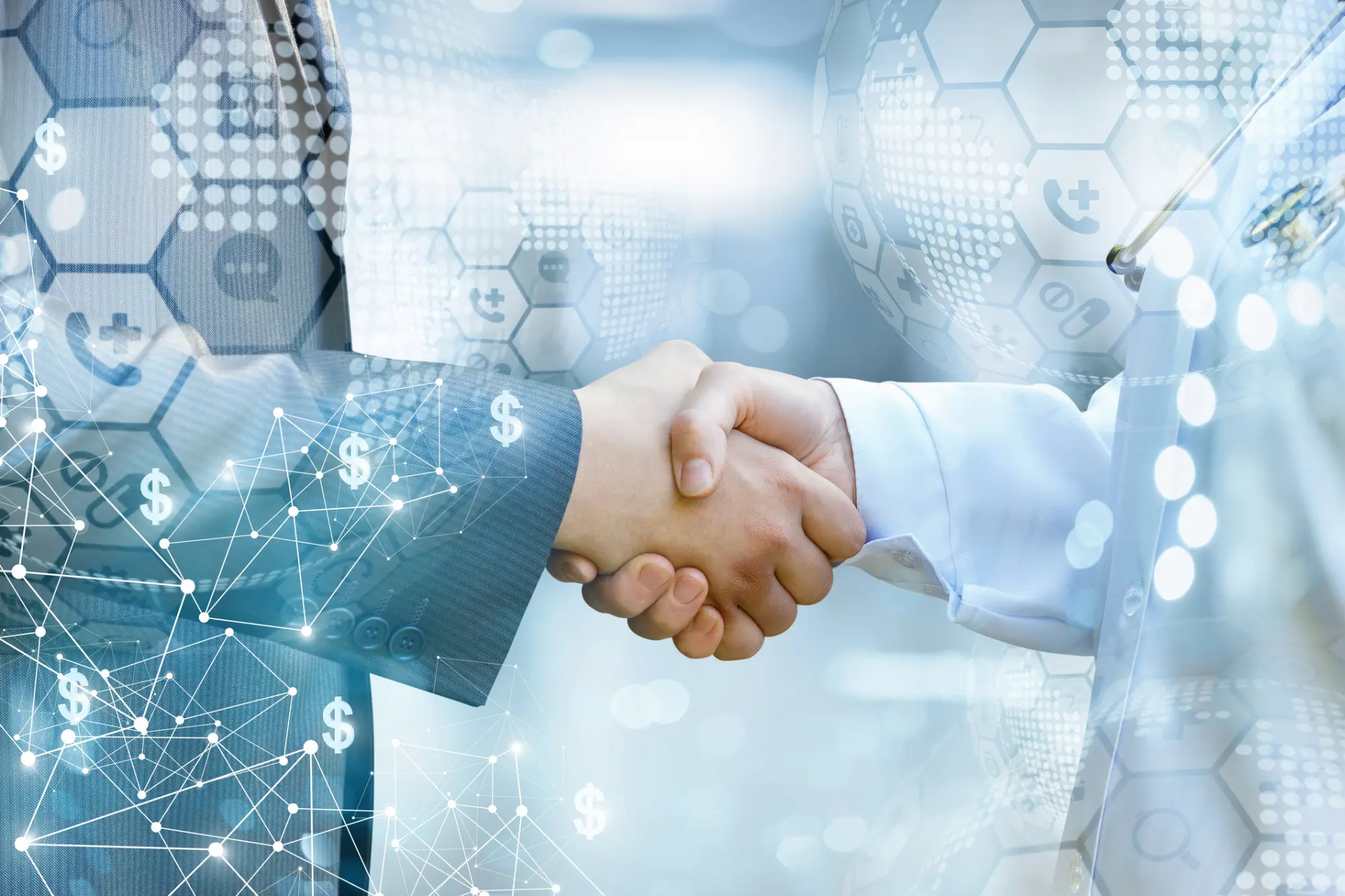 Provider and payer shaking hands with digital payment and data icons representing how Jopari eBill securely moves and validates electronic claims