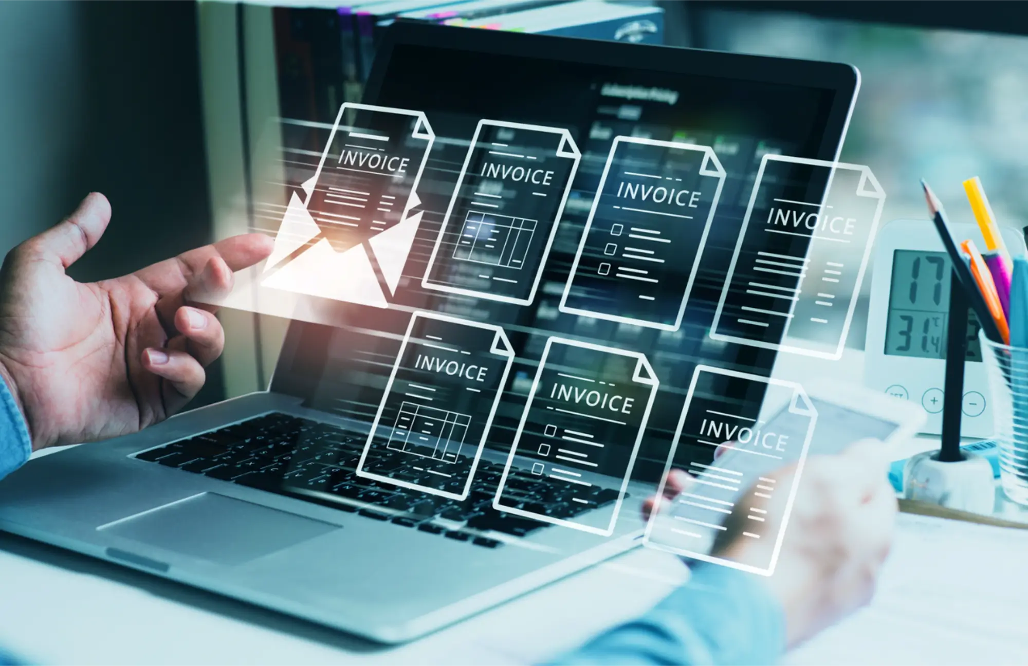 Digital invoices displayed over a laptop representing Jopari eBill, the P&C industry’s leading electronic claim submission solution