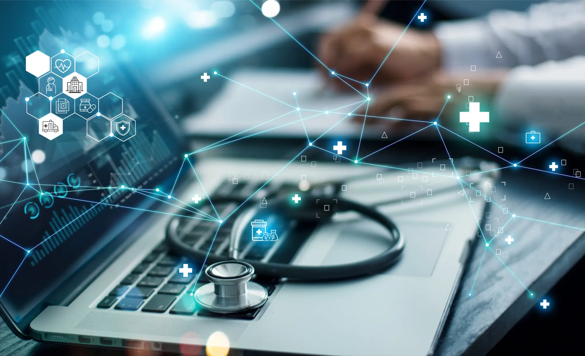 Digital healthcare graphic with stethoscope and connected icons symbolizing Jopari’s modernization of fragmented documentation and payment processes in Commercial and Government Health