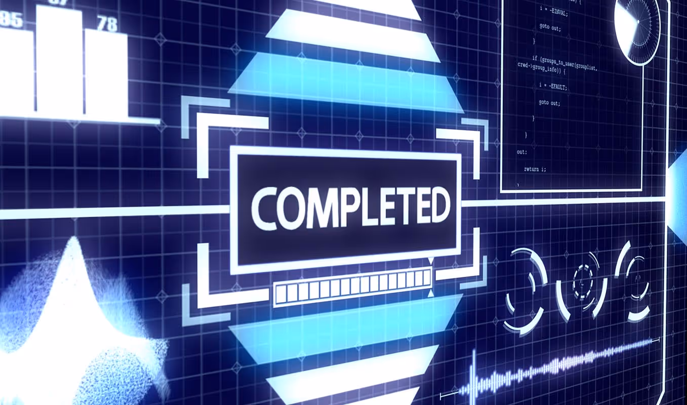 Futuristic digital interface displaying the word 'COMPLETED' with progress bar and various data charts on a blue grid background.