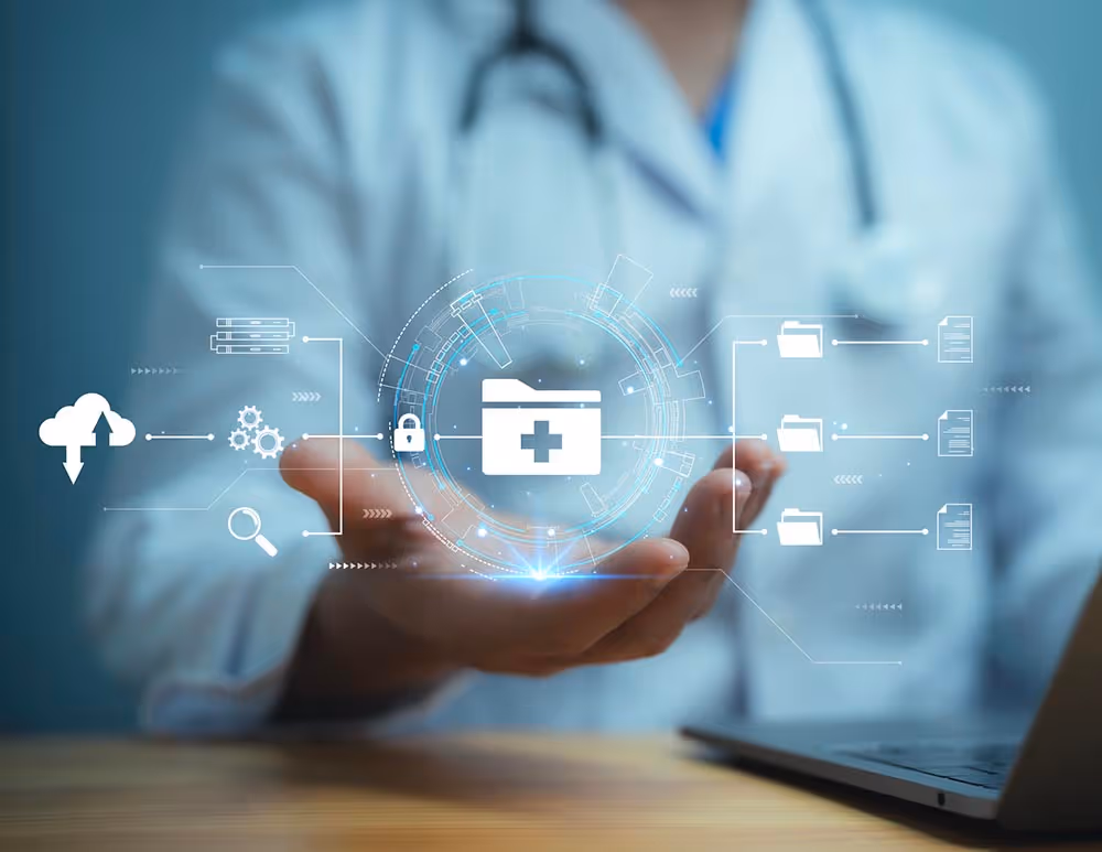 Doctor holding a digital hologram of a secure medical records folder with connected cloud and document icons.