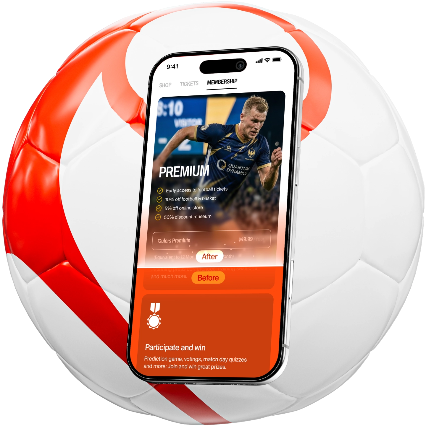 Sport app on phone with football ball