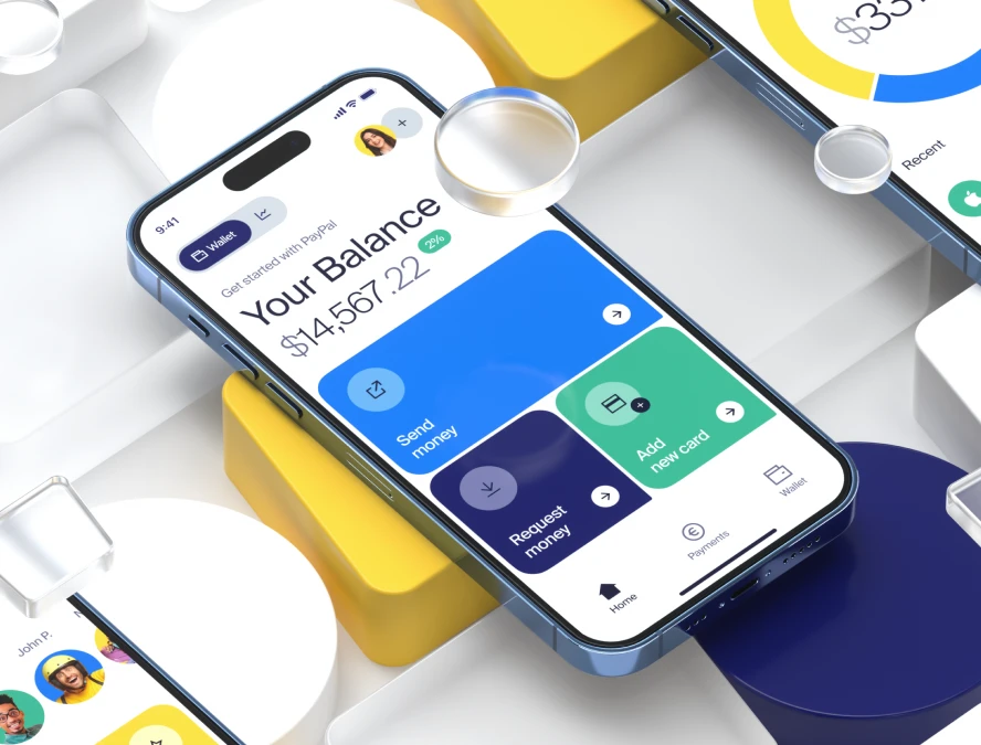 Banking app visualization with 3D glass shapes