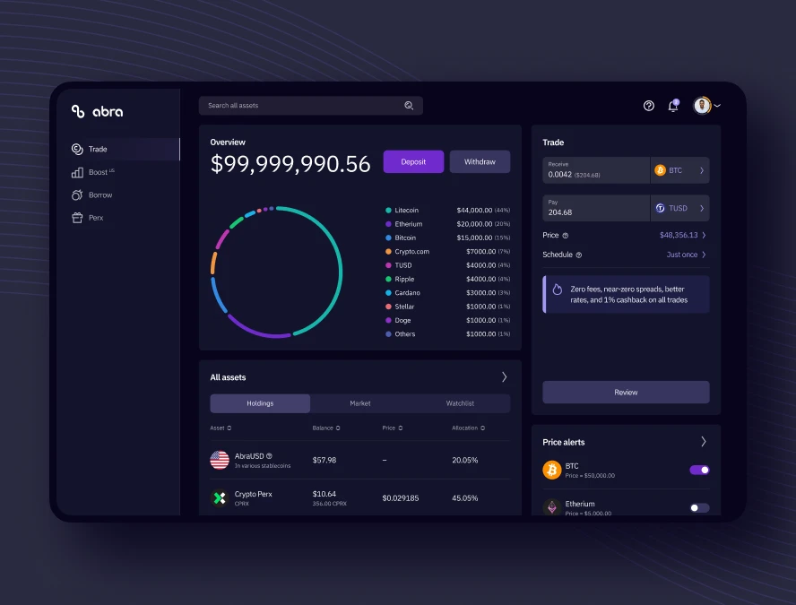 Abra Cryptocurrency app dashboard on the tablet's screen