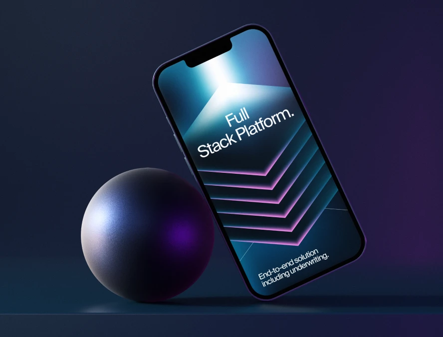 3D visualization with a mobile phone displaying a fintech app, resting on a ball in a dark background