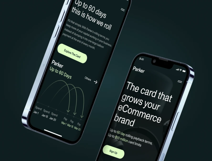 Two floating mobile phones displaying a fintech app screens.