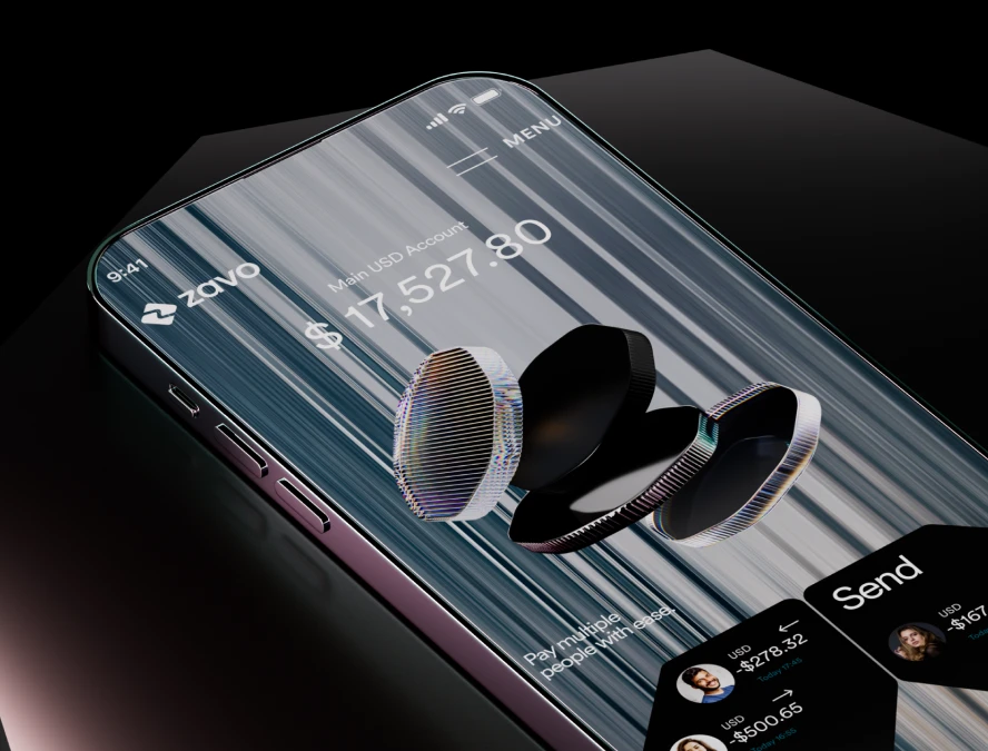 3D visualization featuring a design concept for the Zavo fintech app on a mobile screen
