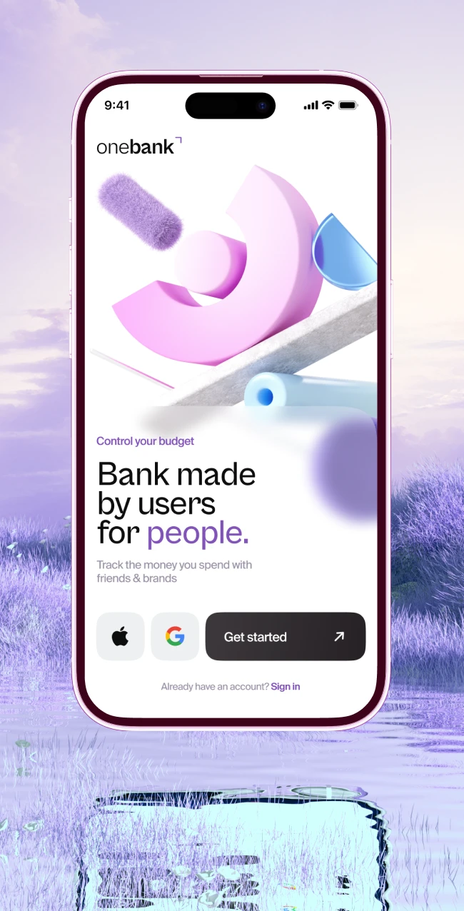 A mobile phone hovers above the water, displaying the home screen of a banking app