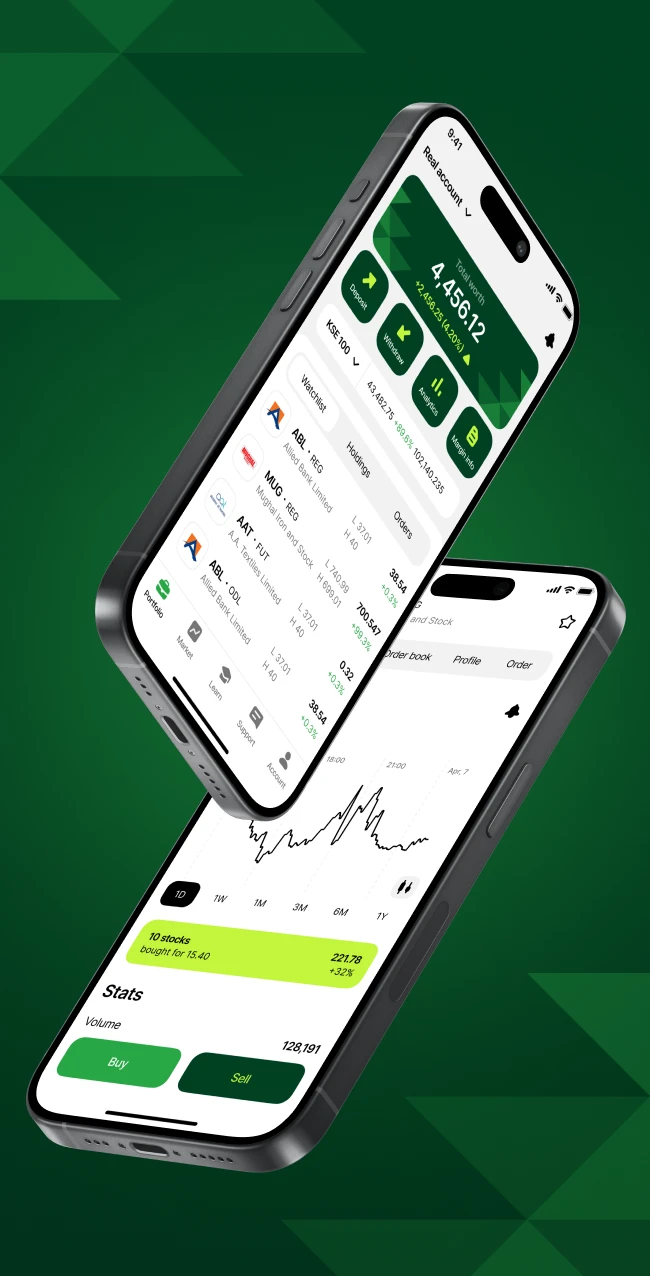 Two floating mobile phones display a financial app designed for managing investment portfolios