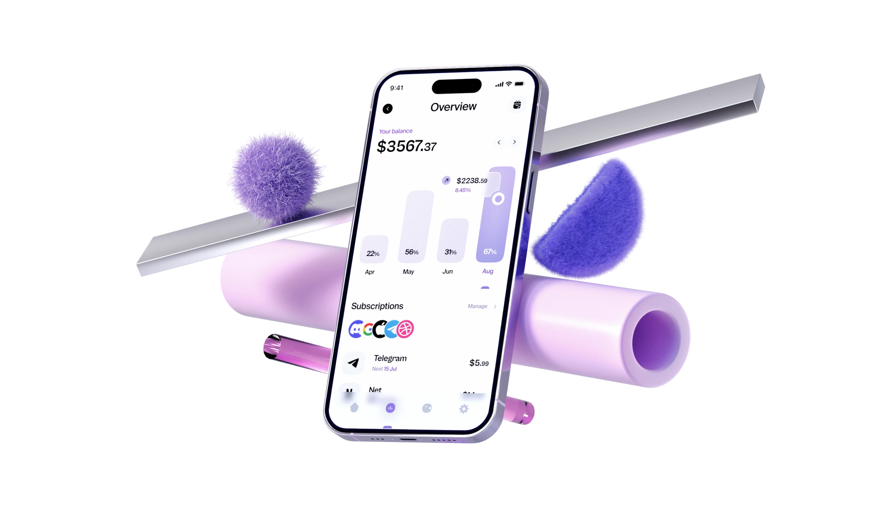 A mobile phone displaying abstract 3D shapes in the background, with a financial management app on the screen