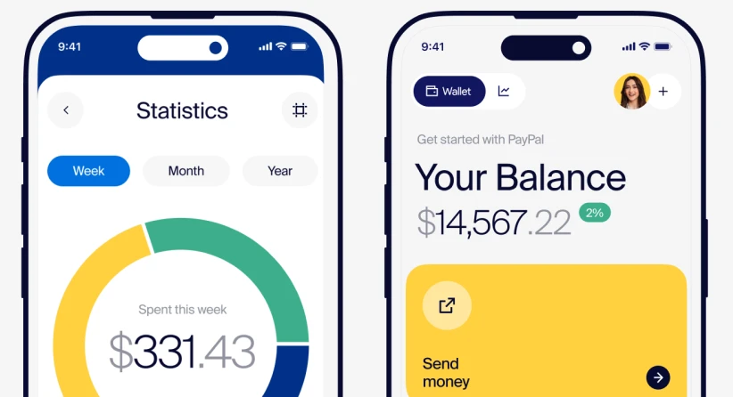 Two mobile screens displaying a design concept for PayPal application