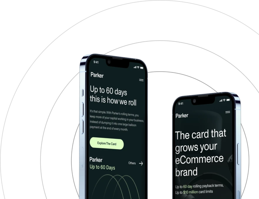 Two floating mobile phones displaying a fintech app screens