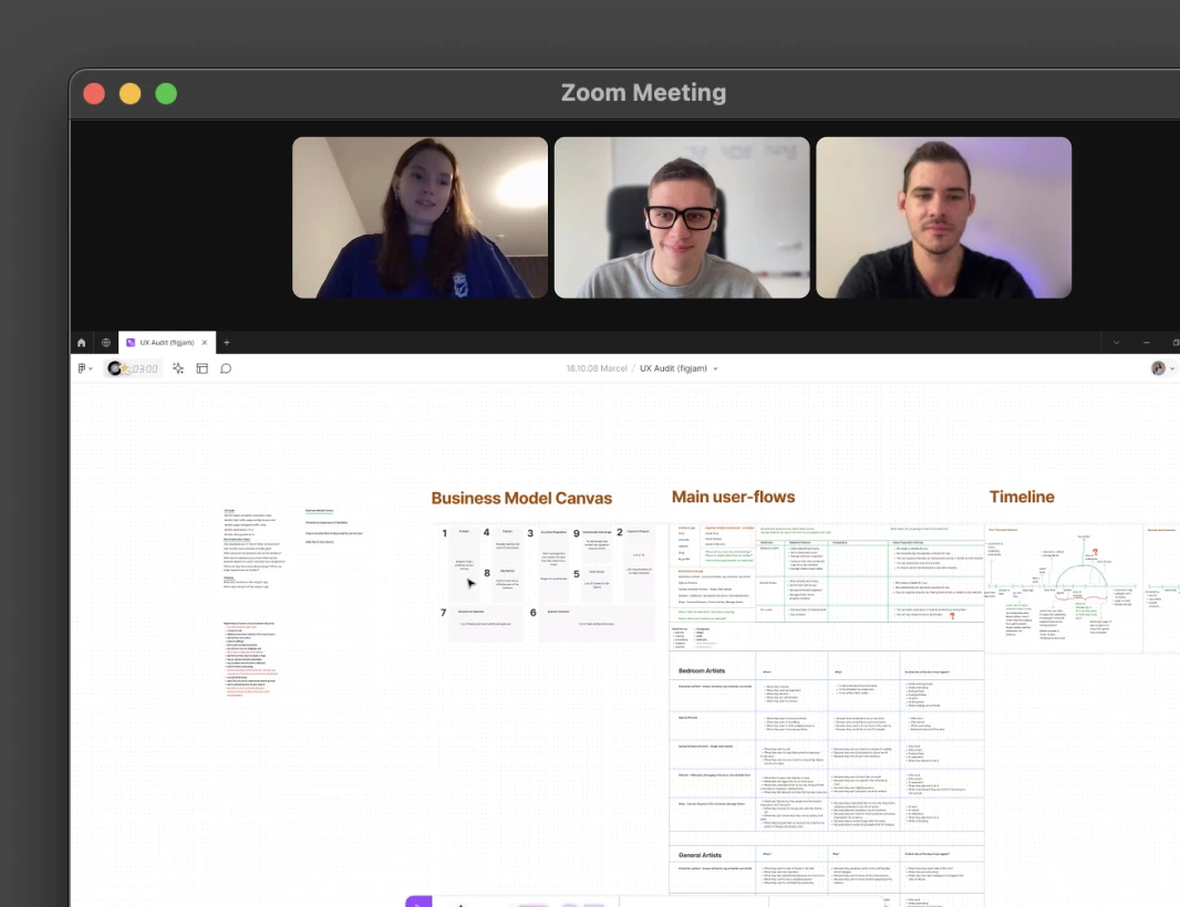 Laptop screenshot showing a presentation process with three people