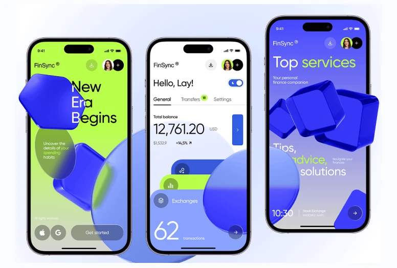 Three mobile screens displaying a colorful bank application concept