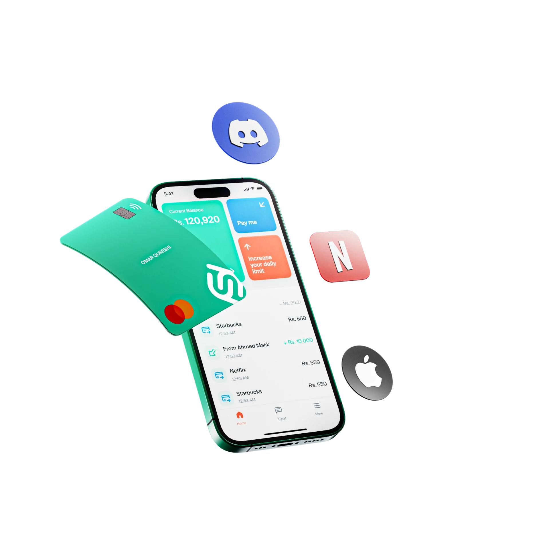 3D rendering of a mobile screen featuring a financial app interface with additional 3D elements and logos