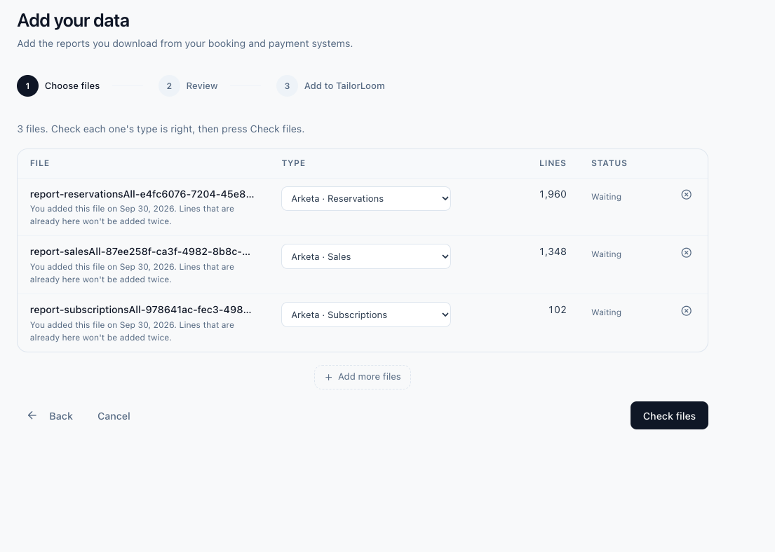 The TailorLoom upload screen, showing the choose files, review and add steps